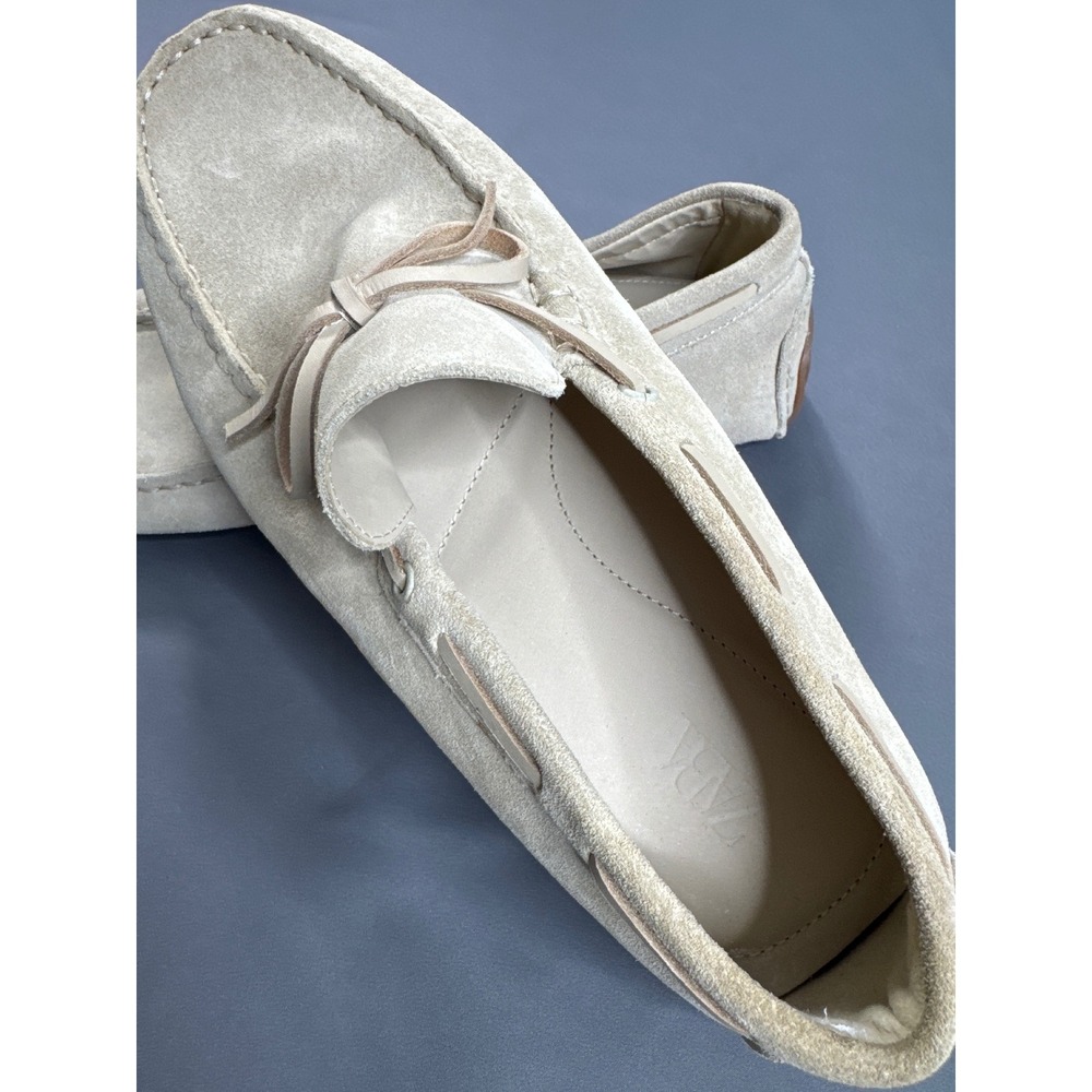 Zara Mens Suede Driving Loafers Sand Beige Leather Tie Slip On Shoes 42 - Picture 4 of 15